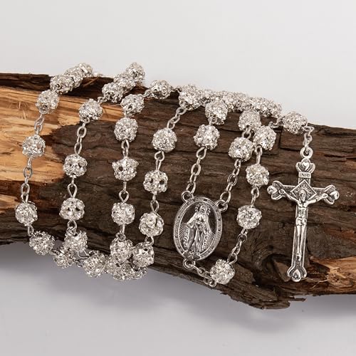 Nazareth Store Colorful Zirconia Crystal Beads Rosary Silver Catholic Necklace with Miraculous Medal Cross Crucifix Multicolor Rosaries in Velvet Bag2