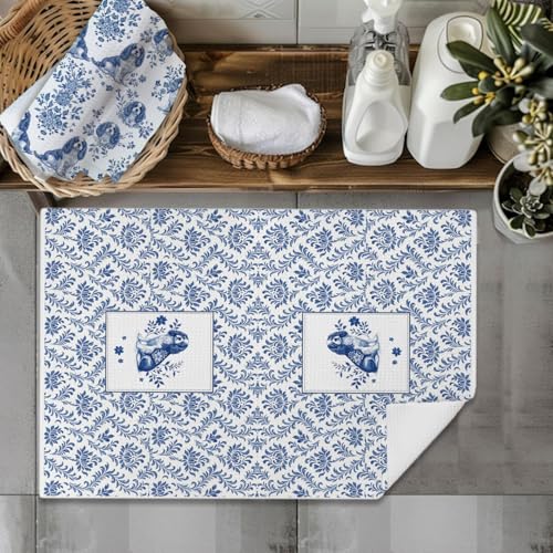 Image of Chinoiserie Cavalier King Charles Kitchen & Hand Towels Set of 2, Blue and White Floral Dog Dish & Tea Towels for Kitchen Bathroom Decor, Vintage Toile Dog Lover Gifts for Women 16x24 Inch
