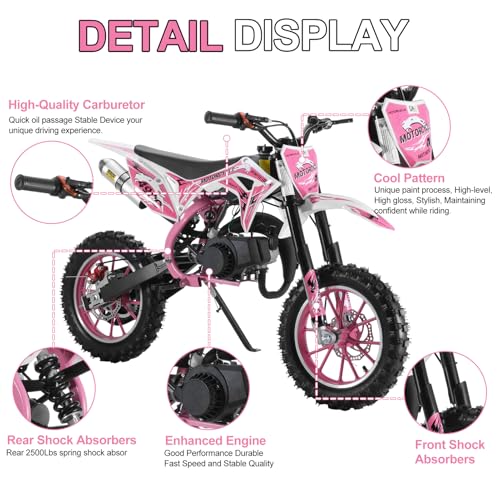 Image of 50cc Kids Dirt Bike, 49cc Gas Dirt Bike for Kids 8-14, 2-Stroke Mini Dirt Bike with Pull Start, Off-Road 10-Inch Tires, Front and Rear Disc Brakes, 25 MPH, for Dirt, Gravel, Yard