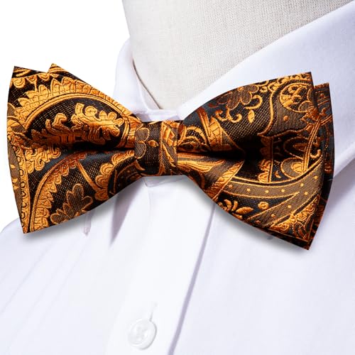 Image of Hi-Tie Bow Tie Men Pre Tied Bowtie Pocket Square Cufflinks Lapel Pin Formal Wedding Bow Ties for Men Party Tuxedo Bowtie Set,Black Orange Paisely Floral