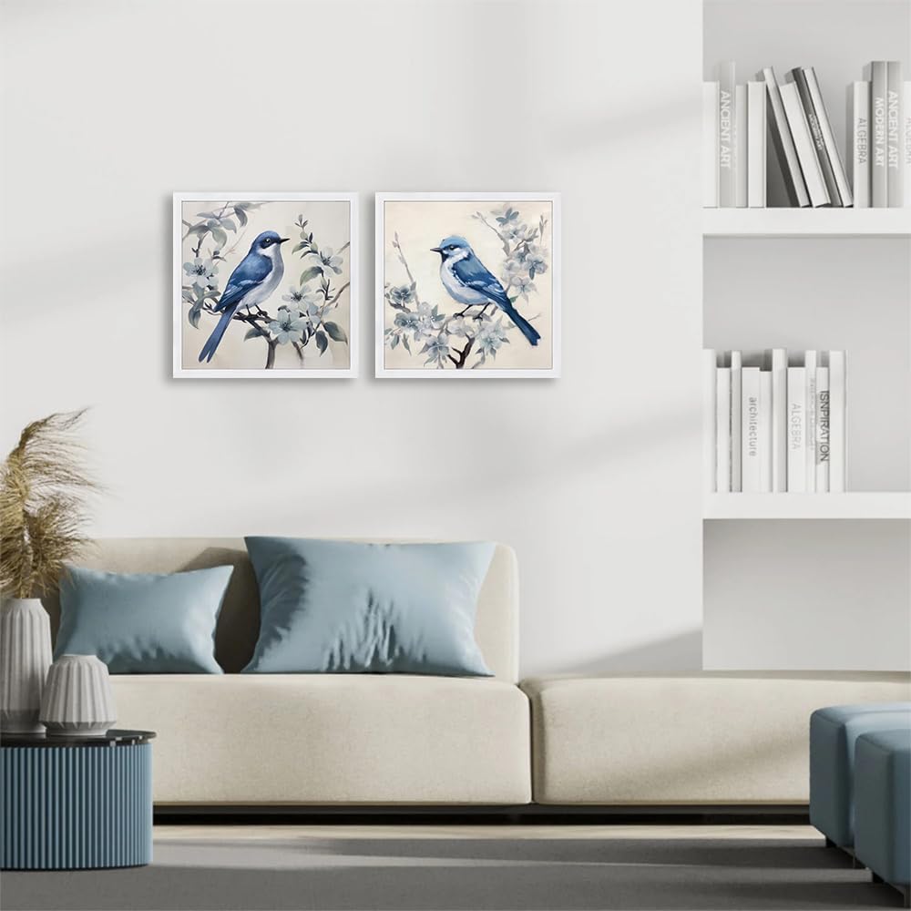 Bird Pictures Wall Decor white Framed Blue Bird Pictures Wall Decor Set of 2 Pictures with Branches and Birds Decor for Kitchen Bedroom (12"X12"X 2 Panel) unframed