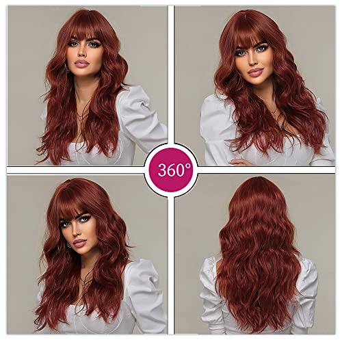 Esmee Long Wavy Copper Red Wig with Fringe for Women Natuaral Synthetic Hair Burgundy Wigs for Daily Party Cosplay Use-24 Inches - Image 4