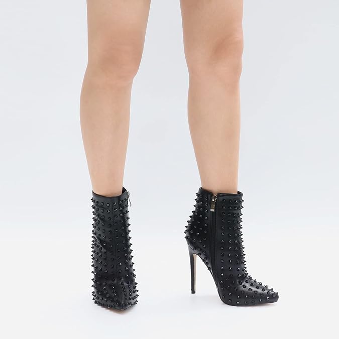 COLETER Women's Studded Ankle Boots Pointed Toe Stiletto Warm Dress Booties