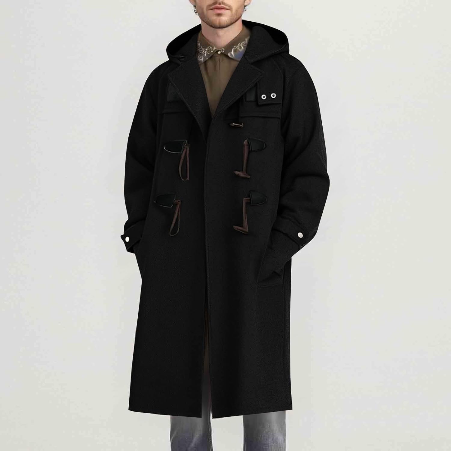 Men Wool Blend Single Breasted Overcoat Walking Toggle Duffle Coat with Hood Winter Classic Long Business peacoat - Image 2