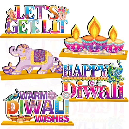 Wooden Diwali Decorations for Home, 5pcs Wood Happy Diwali Table ...