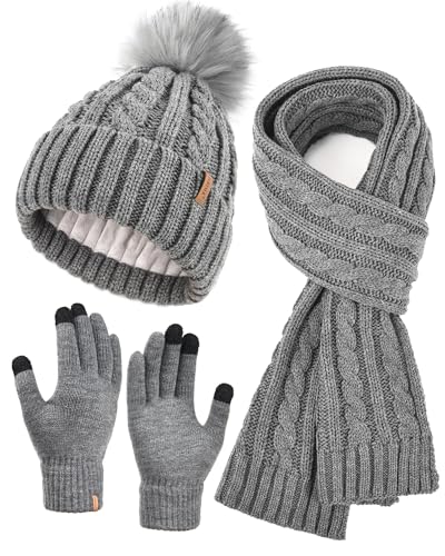 FURTALK Winter Mütze, Schal & Handschuh-Sets für Damen Fleece Gefüttert Strickmütze mit Bommel Beanie Pudelmütze Warm Wintermütze Halswärmer Touchscreen Handschuhe 3 in 1 Set Grau