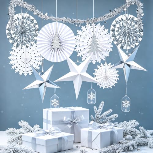 Paper Jazz Silver White Christmas Decorations, Frozen Winter Wonderland Hanging Ornament With 3D Paper Stars, Paper Fans, Honeycomb PomPoms & Silver Garland, Indoor Xmas Wall Backdrop For Winter Party