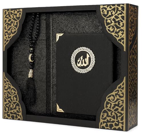 Imani Aksa Muslimischer Gebetsteppich (Gebetsteppich, Suratbuch mit Tasche, Tesbih, Zikirmatik) Islam Seccade (Schwarz)