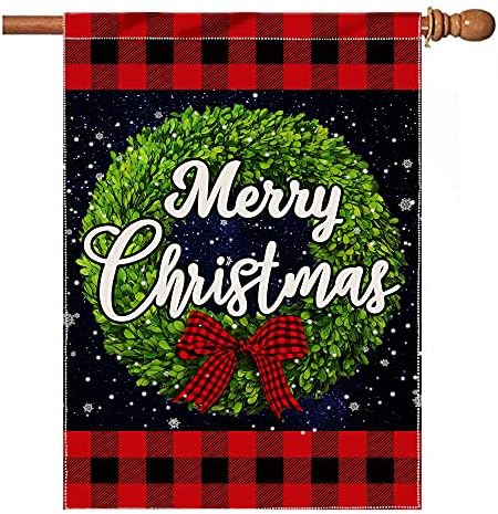 pinata Christmas Flags 28 x 40 Double Sided Winter House Outdoor Holiday Seasonal Outside Decorative Sign, Boxwood Wreath Buffalo Plaid Christmas Decorations Snowflake Burlap Yard Large Garden Flag