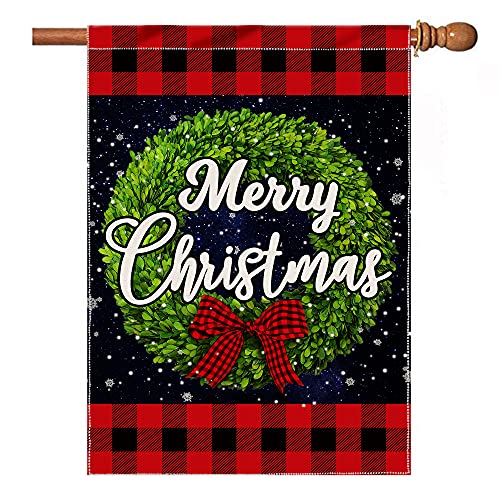 Pinata Christmas Flags 28 X 40 Double Sided Winter House Outdoor Holiday Seasonal Outside Decorative Sign, Boxwood Wreath Buffalo Plaid Christmas Decorations Snowflake Burlap Yard Large Garden Flag #TOP21