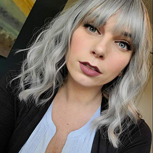 Ombre Gray Short Bob Synthetic Wavy Wig with Air Bangs Natural Looking Pastel Wigs, Shoulder Length Cosplay Wig Women's Bob Curly Wigs Heat Resistant Fiber Costume Wigs (14 inch, Ombre Gray)