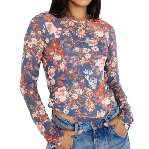 Women Floral T-Shirts Summer Long Sleeve Crewneck Blouse Tops Spring Fall Comfy Undershirt Casual Shirts