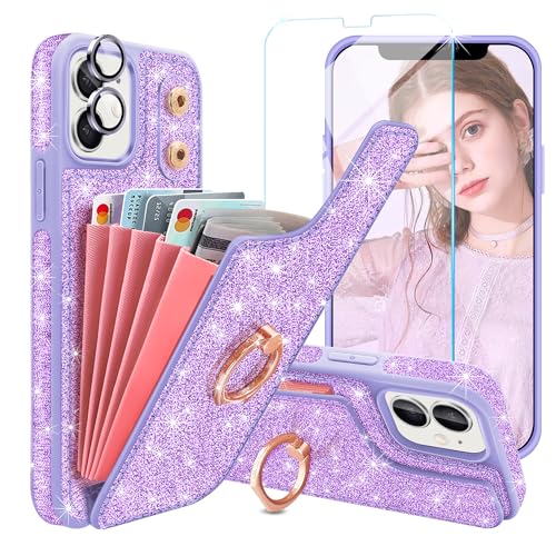 Casewind for iPhone 11 Case Wallet,with [Screen Protector + Camera Lens Protector] Sparkle 5 Card Holder 360°Rotation Ring Kickstand Women Girls Shockproof Phone Case for iPhone 11,6.1 inch,Purple