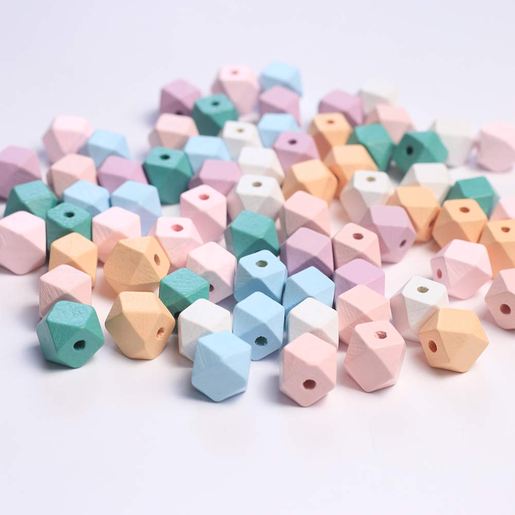 70 Perles En Bois Octogonales De 15 Mm - Couleurs Pastel - Trou De 4 Mm - Pour Création De Bijoux Et DIY