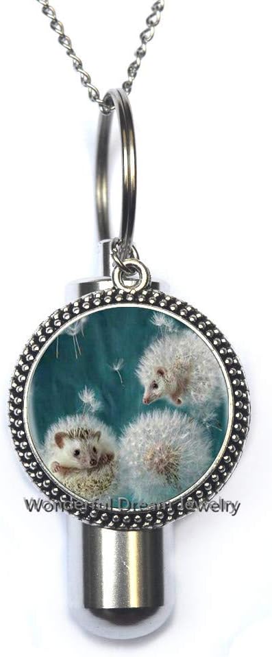 Waozshangu Dandelion and Hedgehog URN Handmade Glass URN Cremation URN Necklace Hedgehog and Dandelions Glass Dome URN，PU015