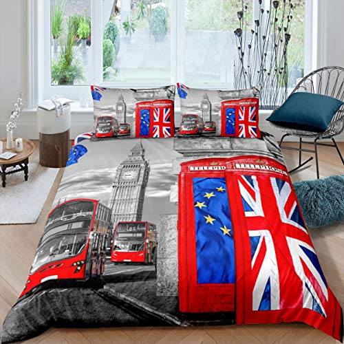 Les filles London Big Ben Housse de Couette Cabine Téléphonique Rouge Parure de Lit 140x200cm pour Garçons Hommes Gris UK Thème Decor Sets de Housse de...