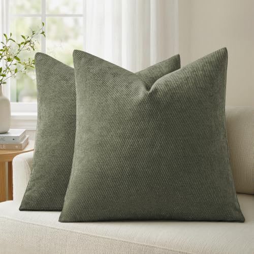 Image of a moment Pack of 2 Decorative Chenille Throw Pillow Covers with Twill Cushion Covers for Sofa Living Room Couch Bed 16x16 Inch Olive Green