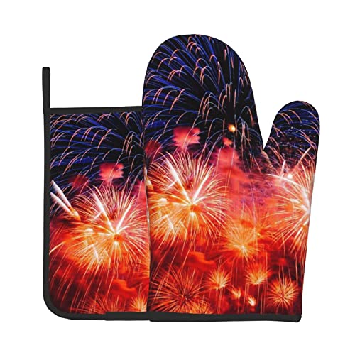 Lot de 2 maniques et maniques de cuisine - Motif feu d'artifice - Imperméables - Résistantes - Antidérapantes - Pour cuisine, micro-ondes, pâtisserie, barbecue Cover