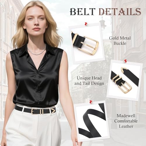 2 Pack Women's Leather Belts for Jeans Dresses Business Casual Outfits Black Leather Belt for Women with Gold Buckle4