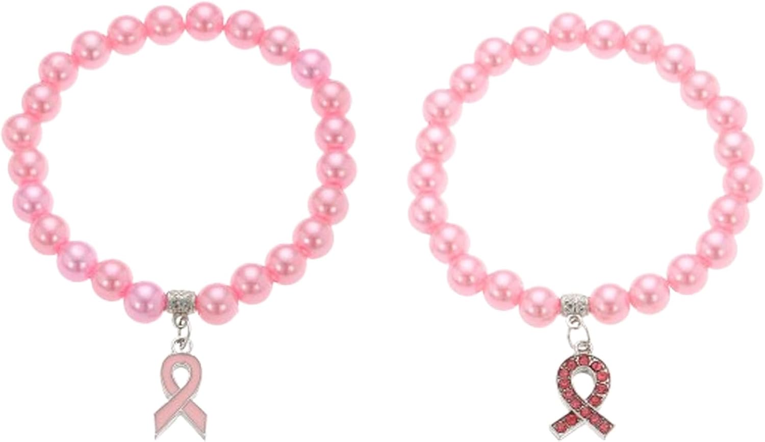 2 PCS Plastic Breast Cancer Awareness Bracelets with Gold Back Pink ribbon Charms Accessories, Handmade Stretch Inspirational Awareness Jewelry Gift for Women