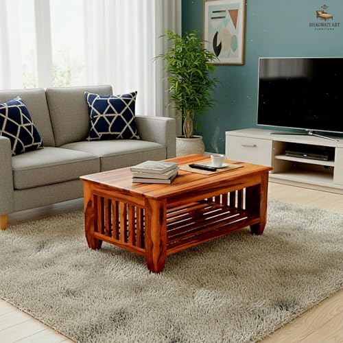 Image of Solid Sheesham Wood Coffee Table for Living Room | Wooden Rectangle Coffee /Tea Table with Storage |Center Table with Storage Teapoye for Home, Living Room, Balcony (Honey Finish)