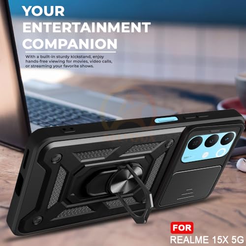 Image of Armor Bumper Back Cover Case for Realme 15X 5G Rotating Camera Cover, Ring Holder & Kickstand | Heavy Duty & 360 Degree Protection Realme 15X 5G Back Cover (Black)
