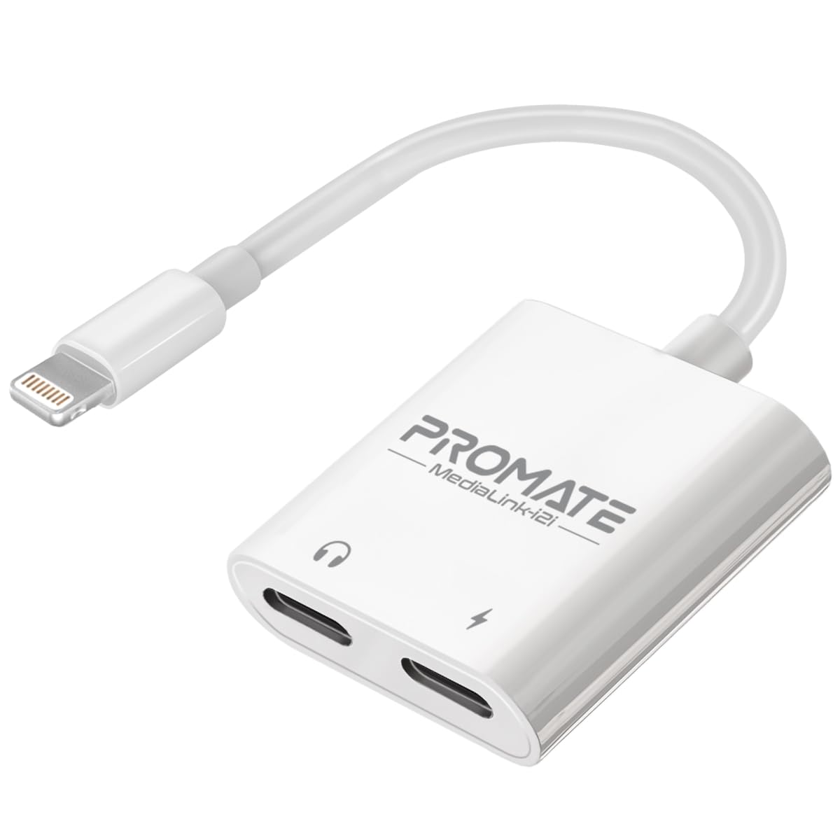 Promate 2-in-1 Lightning Port Adapter with Dual Lightning Ports, Simultaneous Audio and Charge Support, Excellent Sound Performance, Sleek Portable Design, for iOS 7 And Above, MediaLink-i2i