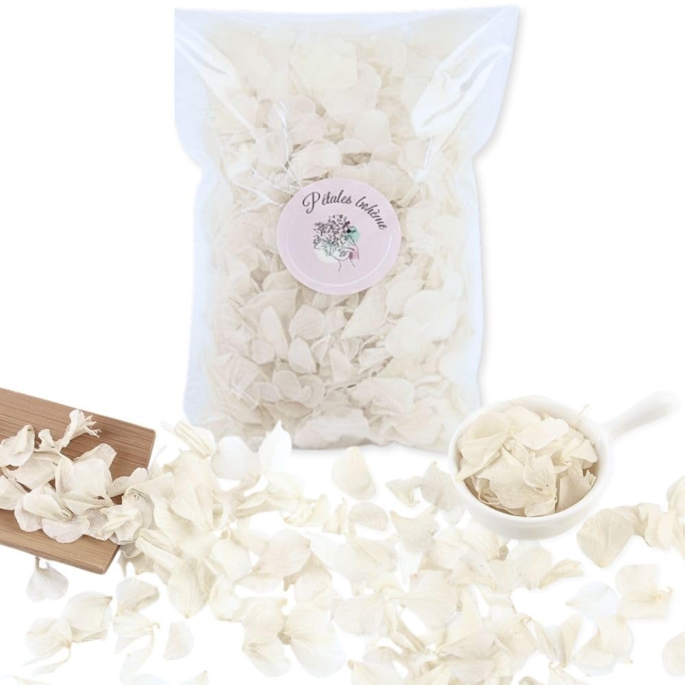Vrai Pétales d'Hortensia Séchés Blanc - Confettis de Mariage Biodégradables Naturels Fleurs séchées blanches pour Lancer de Pétales et Décoration Bohème Champêtre - 1L France (Blanc)