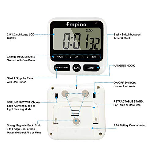 Empino Digital Kitchen Timer, Cooking Timer, 12-Hour Display Clock, Large Display, Strong Magnet Back, Loud Alarm, Memory Function, Count-Up & Count Down for Cooking Baking Sports Game Office Exercise