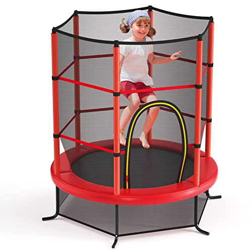 GYMAX Trampoline Rond ∅165CM pour Enfants, Trampoline de Jardin avec Filet de Protection, Coussin de Sécurité et Conception sans Coutures, Trampoline Récréatif pour Enfants (Rouge)
