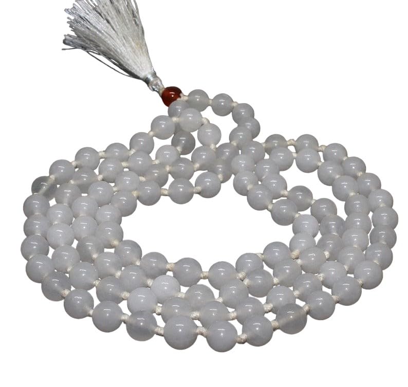 Collar Mala 108 con piedra lunar blanca AAA natural | Collar Mala con cuentas de 10 mm y oración 108 | Pulsera Mala anudada a mano | Japa Mala | Cuentas Redondas| Borla de meditación