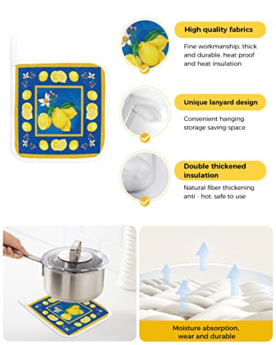 Watercolor Farm Lemon On Blue Potholders For Kitchen Set Of 2, Heat Proof Pot Holder Flower Leaves And Yellow Border Washable Oven Hot Pads Potholder For Cooking Baking #TOP1