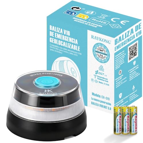 RAYKONG Baliza V16 Geolocalización DGT | Luz Emergencia Coche Homologada y Conectada DGT 3.0 | SIM y Datos Pagados hasta 12/2038 | 1 Unidad