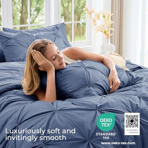 Image of Sasttie King Size Comforter Set, 7-Piece Bed in a Bag, Pintuck Bedding Set for All Season, Includes Comforter, Flat Sheet, Fitted Sheet, Pillowcases and Pillowshams, Slate Blue