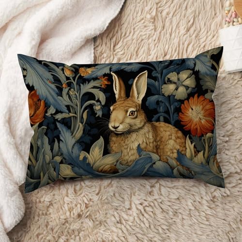 ArogGeld Forest Rabbit Floral Art Sofa Pillow Cover Vintage Chinoiserie Flower Bunny Easter Decorative Throw Pillow Cover Chinese Chinoiserie Farmhouse Accent Pillow for Bedroom 16x24in