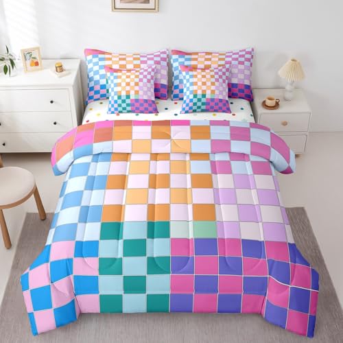 Image of Erosebridal Colorful Checkered Full Comforter Set with Sheets 7 Pcs Rainbow Checkerboard Grid Bedding Set Blue Pink Purple Plaid Bed in A Bag for Kids Boys Girls,Geometric Groovy Aesthetic Bed Set