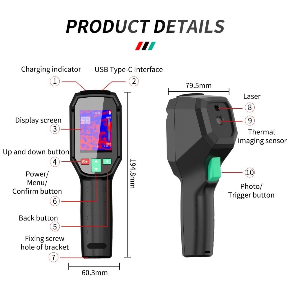 Termómetro infrarrojo de imagen térmica con resolución de 240 x 240, -20° a 550°, clasificación IP54, inspección del hogar, mantenimiento eléctrico y HVAC