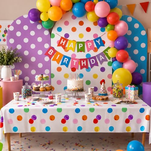 Image of Blue Orchards Polka Dots Table Cover (Pack of 3) 108 inch x 54 inch - Colorful Birthday Party Table Decoration, Bright Accent and Backdrop, Gift Wrap, Multi Purpose Party Decor