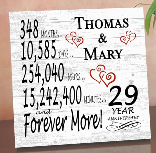 29th Anniversary Sign – Personalized 29 Year Gift Plaque - 29th Wedding Anniversary Present for for a Couple, Husband or Wife - Custom Names - Solid Wood