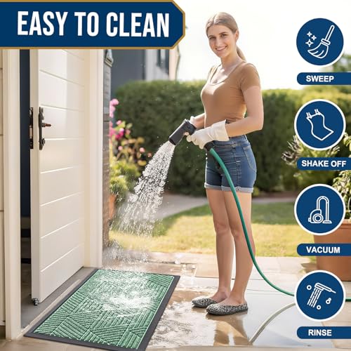 Image of Smiry Front Door Mat Outside Entrance, Heavy Duty Sturdy Natural Rubber Doormat, Trap Dirt and Moisture, Easy Clean Low Profile Mats for Indoor Outdoor Entry, Irregular Triangle (29.5x17, Mint Green)