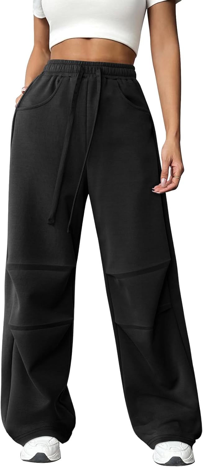ATHMILE Womens Wide Leg Sweatpants Baggy Y2K Cargo Pants Drawstring Waist Lounge Joggers Trendy Knee Pleated Sweats