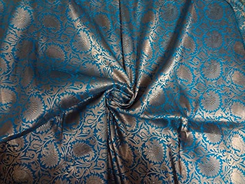 Tissu brocart de soie bleu or antique BRO76 au mètre pour rideaux et vestes jacquard