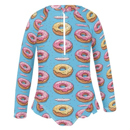 Girls Swimsuit Donut Blue Print Long Sleeve One Piece Bathing Suit for Kids UPF 50+ Rash Guard Swimwear 3-123