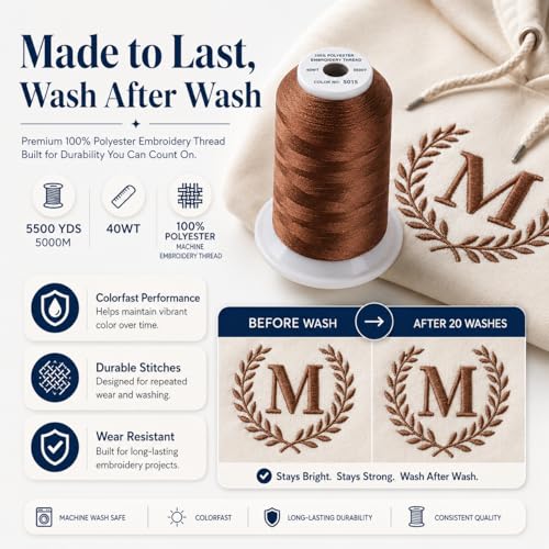 Image of Simthread Embroidery Thread 5000M 40WT Polyester, Toasted Almond S015 | 5000M 40WT polyester thread feeds smoothly for home or commercial embroidery projects.