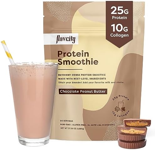 FlavCity Protein Smoothie, Chocolate Peanut Butter - 100% Grass-Fed Whey Protein Smoothie with Collagen (25g of Protein) - Gluten Free & No Added Sugars (37.39 oz)