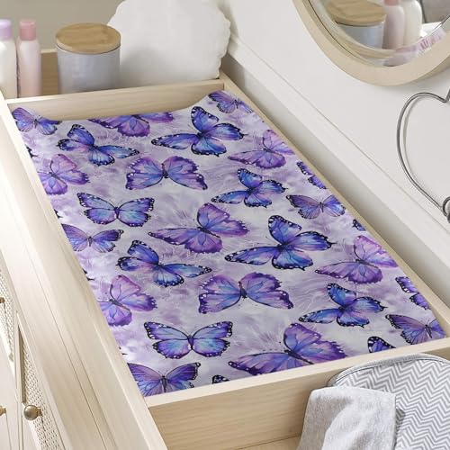 Image of Purple Butterfly Changing Pad Covers Changing Table Cover for Baby Boys and Girls Soft Breathable Changing Pad Sheets Cover Soft Breathable