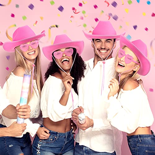 Image of Coume 6 Sets Cowboy Hat with Heart Sunglasses and Paisley Bandanas Western Cowgirl Hat for Cosplay Costume Adults(Light Pink,White)