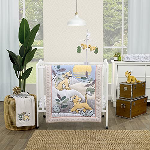 Image of Disney Lion King Leader of The Pack Taupe & Green Simba & Nala Sunset & Leaves 3Piece Nursery Mini Crib Bedding Set - Comforter & Two Fitted Mini Crib Sheets, Taupe, Grey, Blue, Yellow