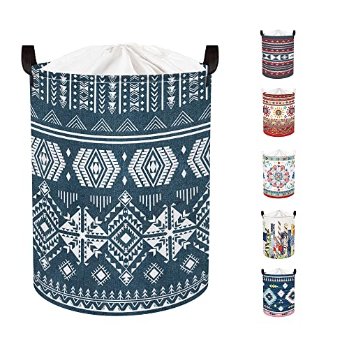 Clastyle 45L Ethnic Blue Collapsible Laundry Baskets With Drawstring Geometric Flower Laundry Hamper For Clothes Bedroom, 14.2X17.7 In #TOP10