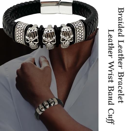 Leather Bracelets for Men 5pcs, Fashion Men's Bracelet Leather and Steel Braided Wrap Cuff Wirstband Bracelets with Closure Bangle Gift for men - Image 5